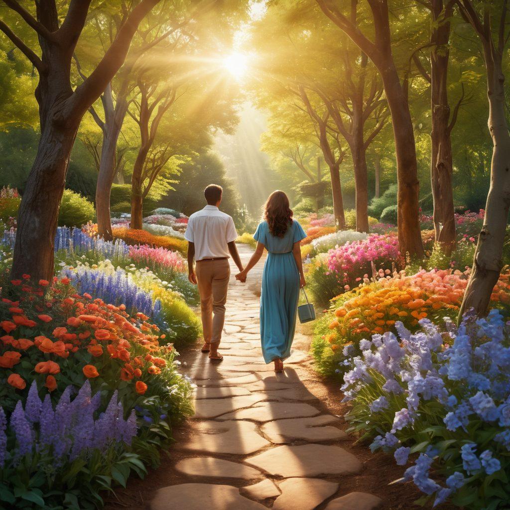 A serene landscape symbolizing hope, with a winding path leading through a vibrant garden filled with blooming flowers representing strength and resilience. Include silhouettes of diverse individuals holding hands, signifying unity and support. Soft sunlight filtering through trees illuminates the path, creating a warm, inviting atmosphere. Emphasize a sense of empowerment and healing throughout the scene. super-realistic. vibrant colors. warm tones.