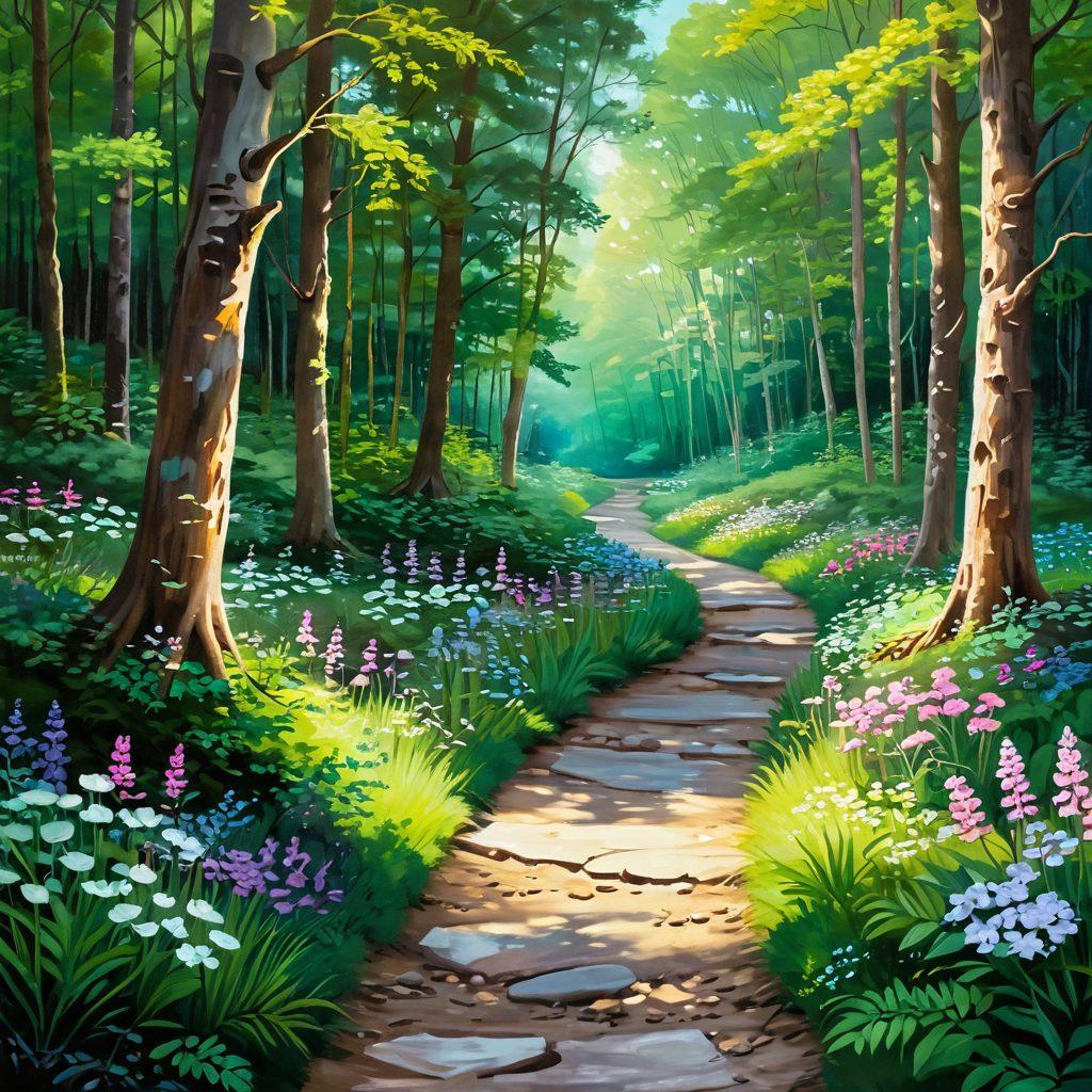 A serene path winding through a lush green forest, symbolizing the cancer journey, with bright sunlight filtering through the trees. Alongside the path, vibrant flowers represent hope and resilience, while subtle icons of early detection tools and holistic health symbols blend into the landscape. Include a gentle stream flowing beside the path to signify healing. painting. soft colors. tranquil atmosphere.