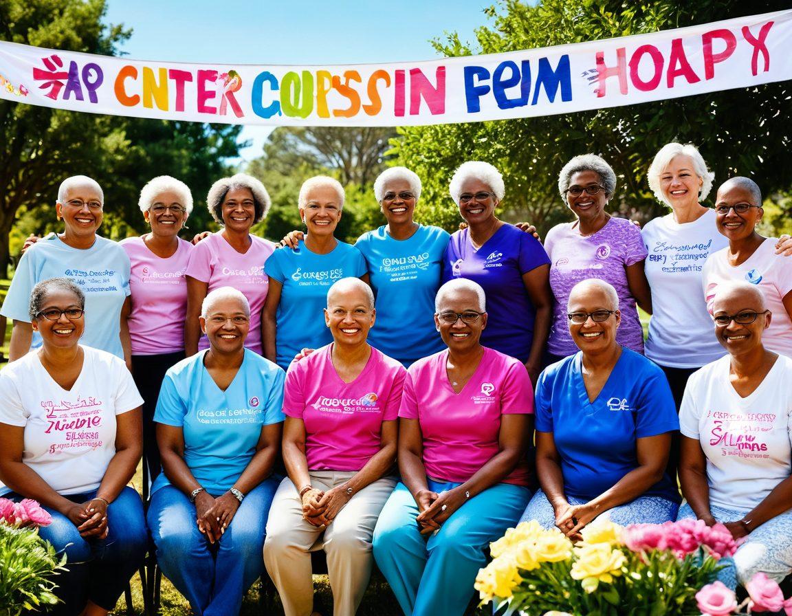 A vibrant and heartwarming scene depicting a diverse group of cancer survivors and advocates in a community setting, sharing stories and resources together, surrounded by symbols of hope like ribbons and flowers. Incorporate a sunny outdoor environment, with banners promoting cancer awareness in the background, and expressions of joy and support among the people. Use bright colors and an uplifting atmosphere to convey a sense of unity and resilience. super-realistic. vibrant colors. community atmosphere.